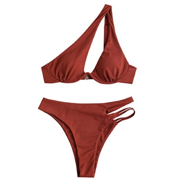 ZAFUL One Shoulder Ribbed Colorblock Cutout Bikini - Picture 2 of 9